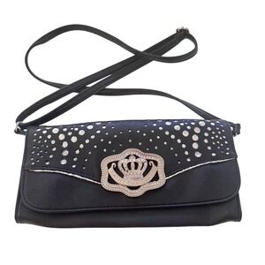 Kathy Van Zeeland Black Crossbody Rhinestone Crown‎ Purse Y2K EUC 10x5
